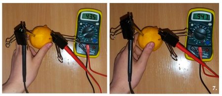 Измерение силы тока и напряжения на лимоне