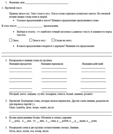 Печатный лист самостоятельной работы по русскому языку